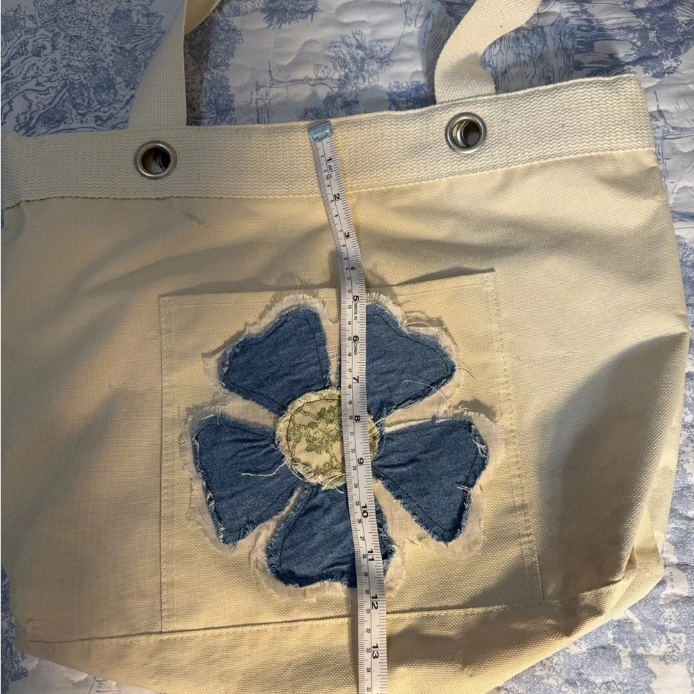 Upcycled Canvas Cream Beige Tote Bag with Blue Floral Accent